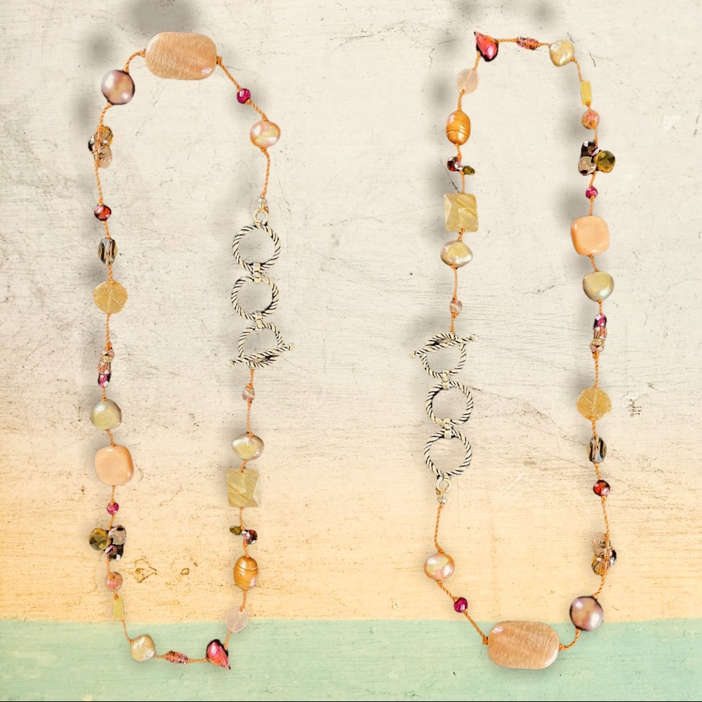 Stunning handcrafted gemstone necklace~tourmaline, amber, pearl, garnet, ruby